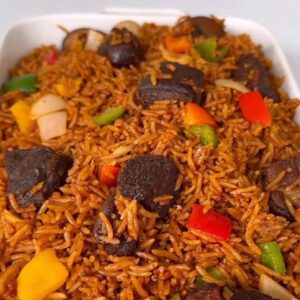 Assorted Jollof with beef/ goat meat pieces